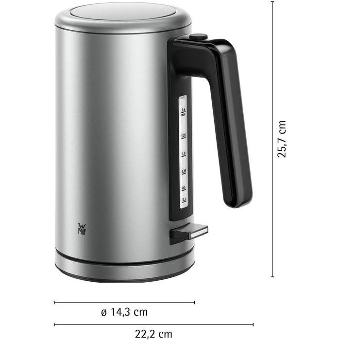 Електричний чайник WMF Lono Silk 1.6 л з нержавіючої сталі, з фільтром від накипу, бездротовий, з поворотним підставою, антижирове покриття, відкривання однією рукою, зовнішній індикатор рівня води