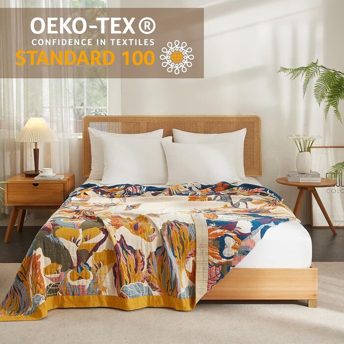 Богемна ковдра Boho Decke 100% бавовна – двостороння муслінова ковдра 150x200 см, м'яка ковдра для дивана та покривало для ліжка, естетичний дизайн, ідеально для вітальні та спальні, помаранчевий/зелений 150 x 200 см, Sommertanz