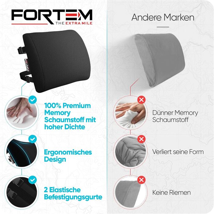 Подушка під поперек FORTEM для авто та офісного крісла, ортопедична підтримка спини з ефектом пам'яті (Memory Foam), дихаюча сітчаста оббивка, чорна