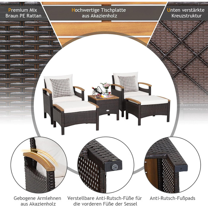 Набір садових меблів GIANTEX 5 предметів: 2 крісла, 2 пуфи та столик - ротанг, кремово-білий колір, для саду та балкону