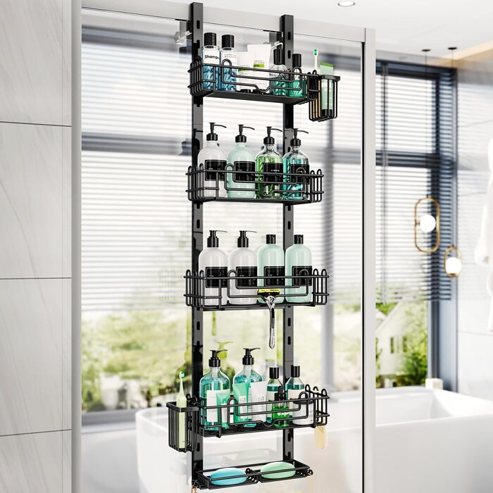 Підвісна полиця для душу HapiRm, регульована, 5 кошики, без свердління, з мильницею і гачками, для скляних та ванних дверей, чорна