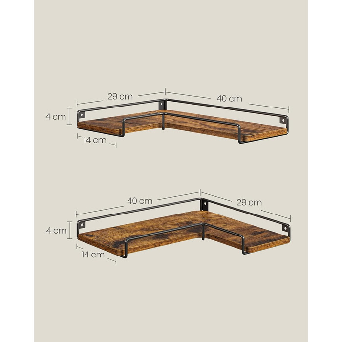 Набір кутових настінних полиць VASAGLE L-подібні, індустріальний стиль, для вітальні, спальні та кухні, вінтажний коричневий та чорний, 3 шт. (LLS831B01)
