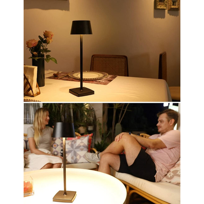 LED настільна лампа бездротова, 6000mAh, IP54, алюміній, сенсорне керування, тепле світло, для спальні, кавової зони, ресторану, чорна