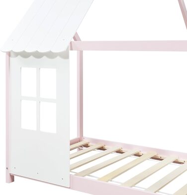 Дитяче ліжко Tostedt: хатинка, ліжко-ігровий будиночок, ліжко для підлітків, модель Bettenhaus, напіввідкрите дизайну, ліжко Монтессорі з масиву сосни, 120x200 см, рожево-біле