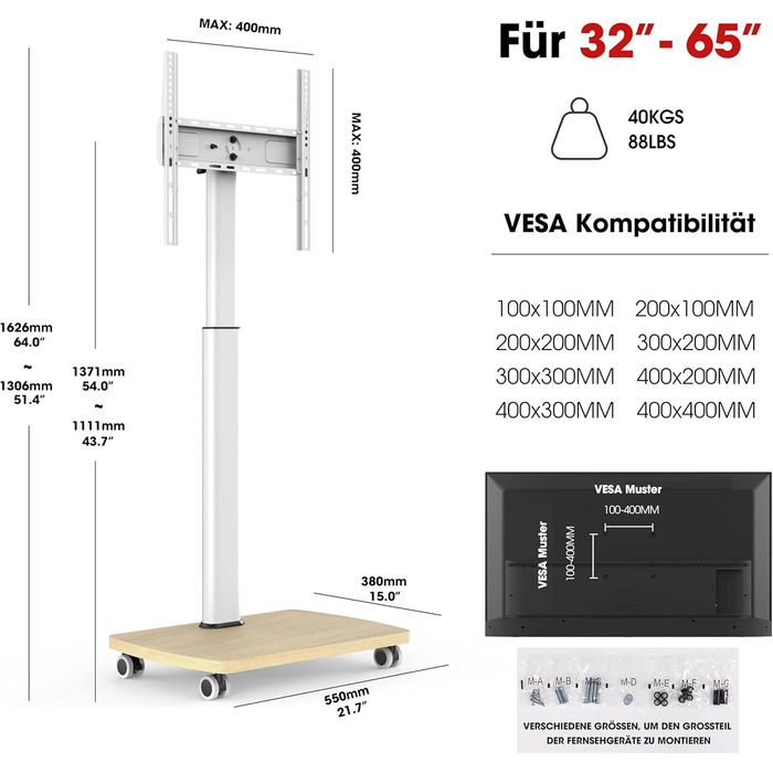 Підставка для телевізора на колесах з полицею, для телевізорів 32-65 дюймів, до 35 кг, поворотна на 90°, регульована по висоті, VESA 400x400mm (Білий+Натуральний колір)