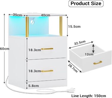 Набір з 2 тумбочок зі світлодіодом, зарядна станція, 2 ящики, розетки та USB, білий