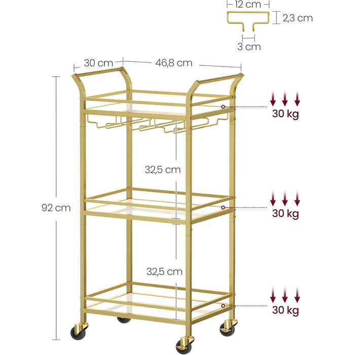 Візок для сервірування VASAGLE, 3 яруси, дзеркальні скляні полиці, для кухні, їдальні, бар, золотий тон