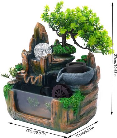 Фонтан HarBin-Star для дому та саду з LED-підсвіткою, водоспад, туман, кришталева куля, зелена рослина, десктопний фонтан, 34 x 24 x 34 см