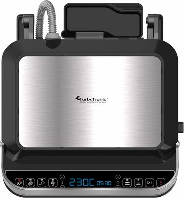 Контактний гриль TurboTronic CG900, знімні пластини, РК-дисплей, цифровий, відкривання на 180, настільний гриль, паніні, електрогриль, гриль для м'яса, гриль для бургерів, гриль для стейків, тостер для сендвічів срібло