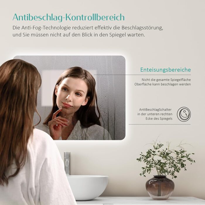 Дзеркало для ванної кімнати EMKE з підсвічуванням 40x60 см, антизапар, 2 кольори світла (тепле/холодне), вимикач-рейка, IP44, енергозберігаюче, захищене від вибуху