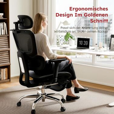 Ергономічне крісло для офісу Voll-Mesh з підголівником, підставкою для ніг, регульованою спинкою, підлокітниками, автоматичною поперековою підтримкою, PU-колесами, поворотним на 360°, до 150 кг, чорне