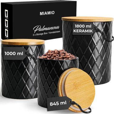 Набір з 3 вазочок для зберігання Miamio Palmanova, кераміка з дерев'яним кришкою, білий та чорний