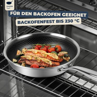 Пательня Pasper Ø 24 см – без PFAS, PTFE та PFOA – для індукційних, електричних, керамічних, газових плит та духовки – нержавіюча сталь з антипригарним покриттям у вигляді стільникового малюнку, придатна для миття в посудомийній машині