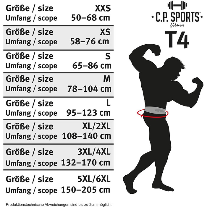 Спортивний пояс для важкої атлетики C. P. шкіряний чорний, тренувальний пояс з таблицею розмірів XS-XXXXXL (0-XXS 50-68 см)