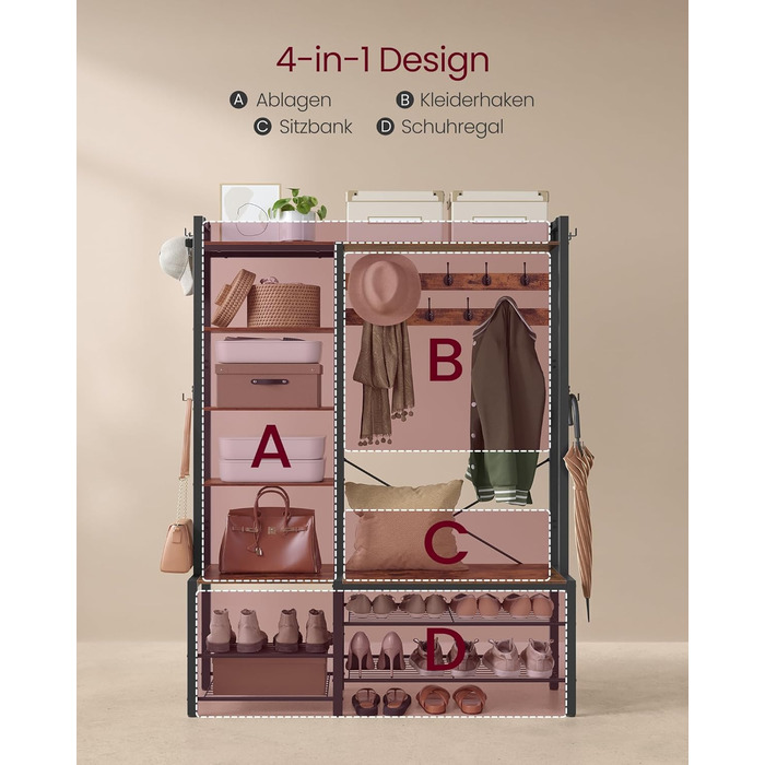 Стійка для одягу VASAGLE з полицею для взуття, 5 полиць, 9 тричі-гачків, 6 бічних гачків, 40 x 120 x 190 см, вінтажний коричневий + чорний, HSR426B01