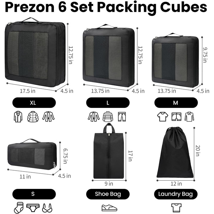 Набір компресійних органайзерів для подорожей з сіткою, розширювані пакувальні куби для одягу в валізу, чорний, 6 шт.