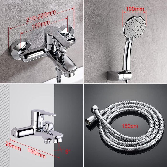 Набір для душу GRIFEMA Bad-Duschsystem G13003 з ручною лійкою, змішувач для ванни, шлангом та кріпленням, накладний монтаж, хром