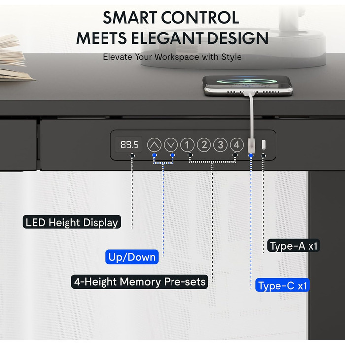 Електричний регульований стіл FLEXISPOT з підйомною функцією, USB-порт, ящик для зберігання та скляною стільницею (сніжно-білий), 140 x 70 см, Luxusschwarz