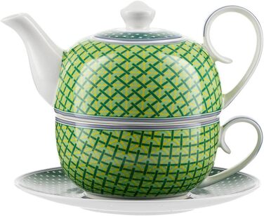 Чай Jameson & Tailor для одного набору з 4 предметів Igloo Чайник, чашка, блюдце Зелені клітинки Блискуча порцелянова посудомийна машина та мікрохвильова піч