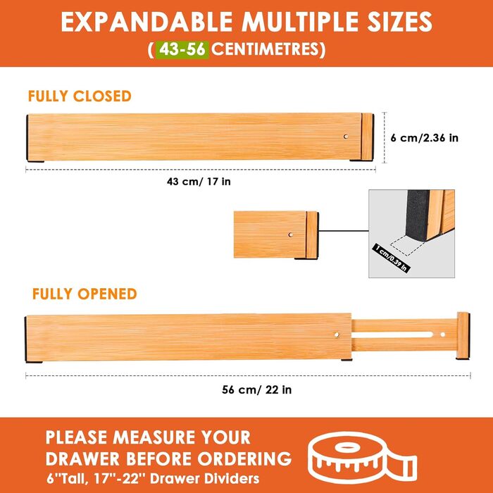 Органайзери для шухляд MUUKAIII: набір 6 шт. з бамбука, регульовані (43-56 см), для кухні та шафи - білий (натуральний)