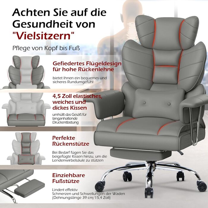 Офісний крісло NaspaLuro з підставкою для ніг, ергономічне, з підтримкою попереку, з високою спинкою, для дому та офісу, сірий, 77x66x134 см