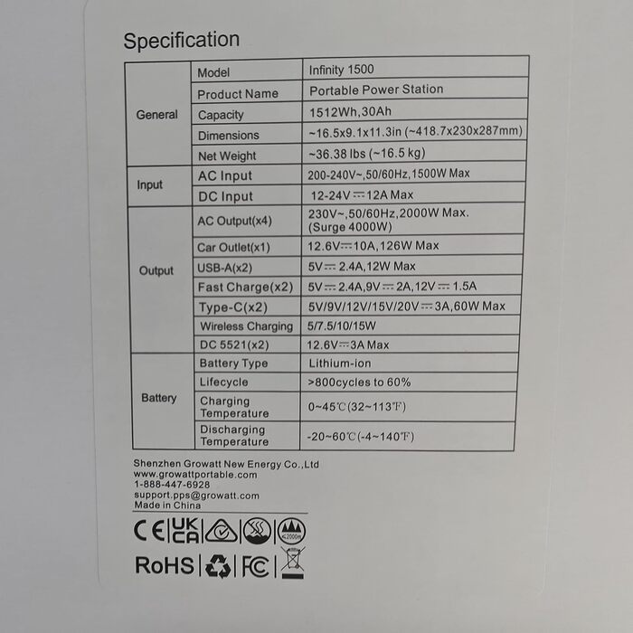 Електростанція GROWATT Infinity 1500 1512 Втгод, 4 шт. 230 В/1800 Вт змінного струму, швидка зарядка, аварійне живлення, сонячна батарея для кемпінгу/будинків на колесах