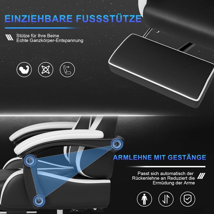 Ігровий крісло JUMMICO з масажем, ергономічний офісний стілець з підпоркою для попереку, регульована спинка 90-135°, підставка для ніг, максимальне навантаження 150 кг (білий, компактний)