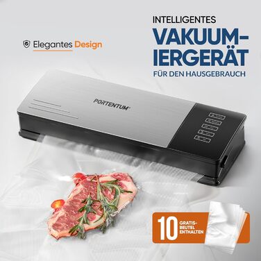 Вакууматор для продуктів PORTENTUM з корпусом із нержавіючої сталі та набором з 10 пакетів, вакуумний пакувальник та зварювач пакетів