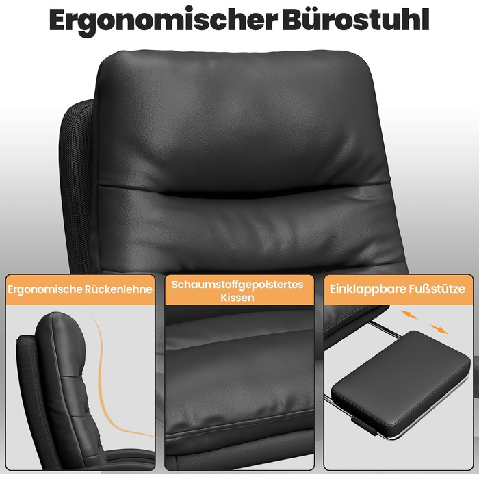 Ергономічне крісло для офісу Naspaluro з підніжкою, крісло для комп'ютера з двошаровою подушкою, високою спинкою, функцією відкидання, регулюванням висоти, з PU-шкіри, чорне, до 150 кг