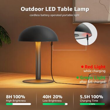 FUYO Грибний світильник без дротів - настільна лампа з сенсорним керуванням, регулюванням яскравості та функцією пам'яті, сучасний дизайн для спальні, вітальні та кемпінгу (Чорний)