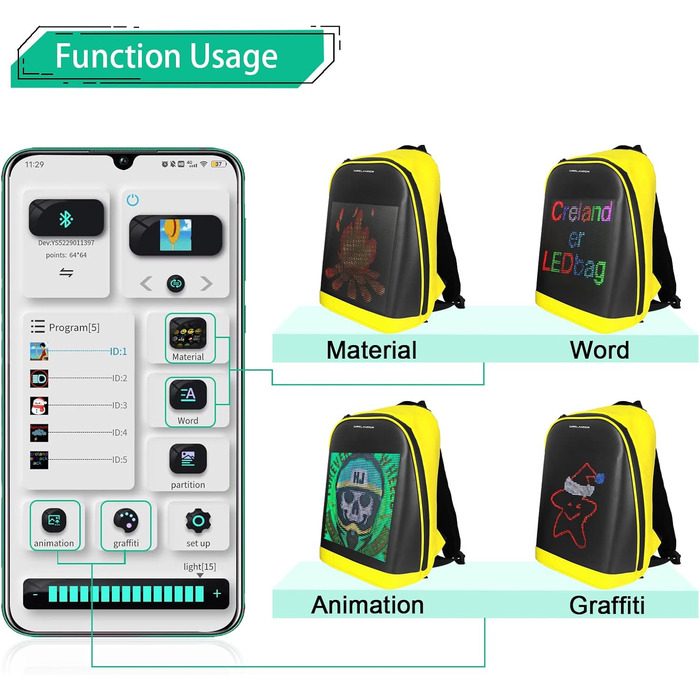 Рюкзак для ноутбука cartaoo Pixel Art зі світлодіодним екраном 64x64 RGB з керуванням додатком, жовтий
