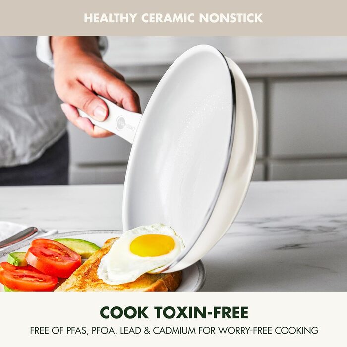 Сковорода GreenPan Dover 25,4 см з керамічним антипригарним покриттям, PFAS-free, для смаження, для індукції, кремова, зручна ручка, можна мити в посудомийній машині