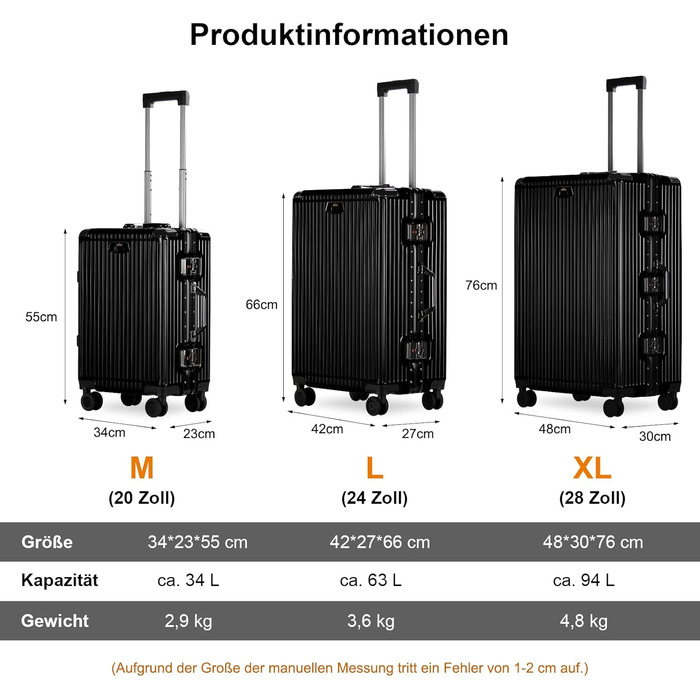 Набір валіз HOMELUX 3 шт. (M-L-XL) з ABS-пластику, срібляста, з жорсткою обшивкою, ручна сумка, валіза на колесах