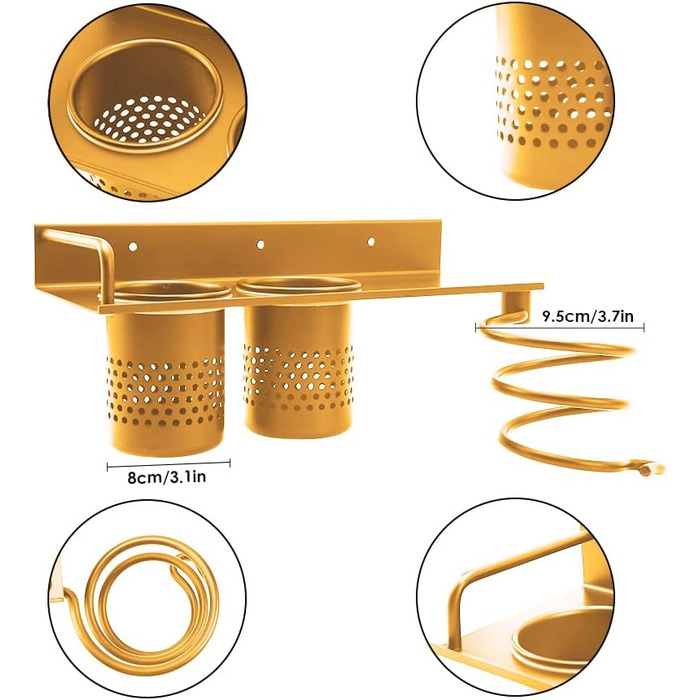 Тримач фена без свердління, тримач фена настінне кріплення, тримач для випрямляча, 2 відділення, тримач для кабелю, золото