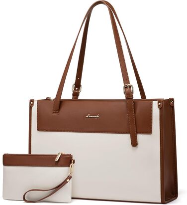 LOVEVOOK Сумка для ноутбука, жіноча велика водонепроникна сумка-шоппер, ділова сумка-акселуар, з PU шкіри, 15.6 дюймів (Коричневий+бежевий)