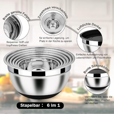 Набір місок Homikit з нержавіючої сталі, 6 шт. з тертками, кришкою та силіконовим дном, 4.6/2.8/2.5/1.6/1.2/0.7 л, чорний