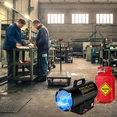 Газовий нагрівач з вентилятором, 15 кВт, з газовим шлангом 1,2 м та редуктором тиску 700 мбар, нержавіюча сталь, Piezo-запалювання, з ручкою