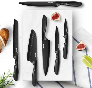 Набір кухонних ножів Hecef 15 предметів з бруском, чорний колір, антипригарне покриття, безпечний для миття в посудомийній машині, самозаточуваний брусок, ергономічні ручки, набір ножів для кухні для початківців та любителів готування (6 шт)