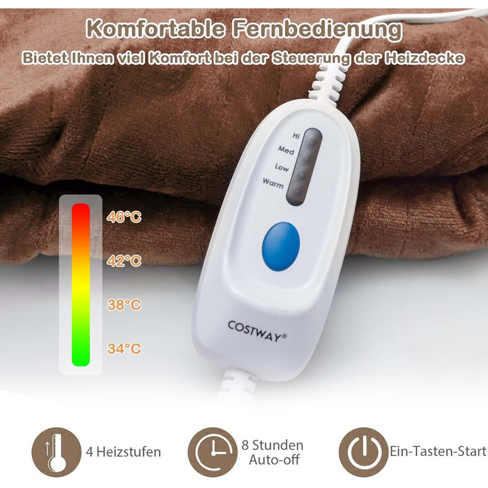 Електрична ковдра COSTWAY 150x200 см, 4 налаштування температури, таймер, захист від перегріву, можна прати в пральній машині