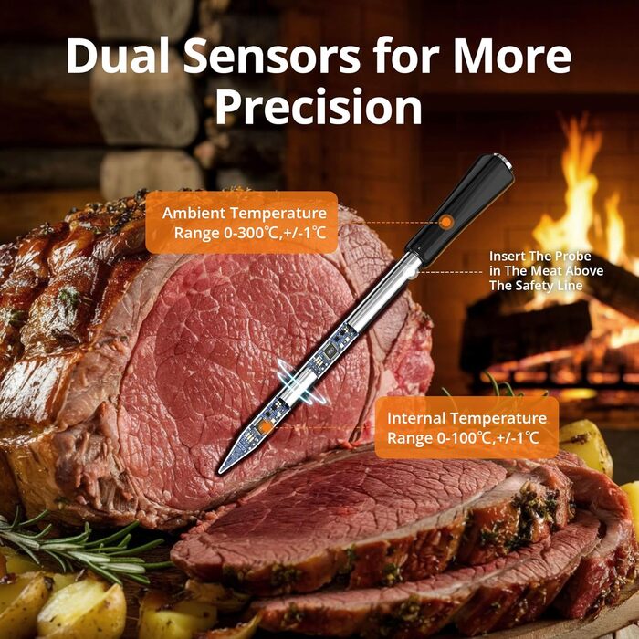 Бездротовий термометр для м'яса з Bluetooth, 100 м, розумні рецепти, LED-дисплей, для приготування їжі, кухні, BBQ, грилю