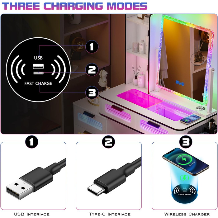 Туалетний столик Lvifur RGB з бездротовою зарядкою, USB, з можливістю затемнення, табурет, 5 ящиків, білий