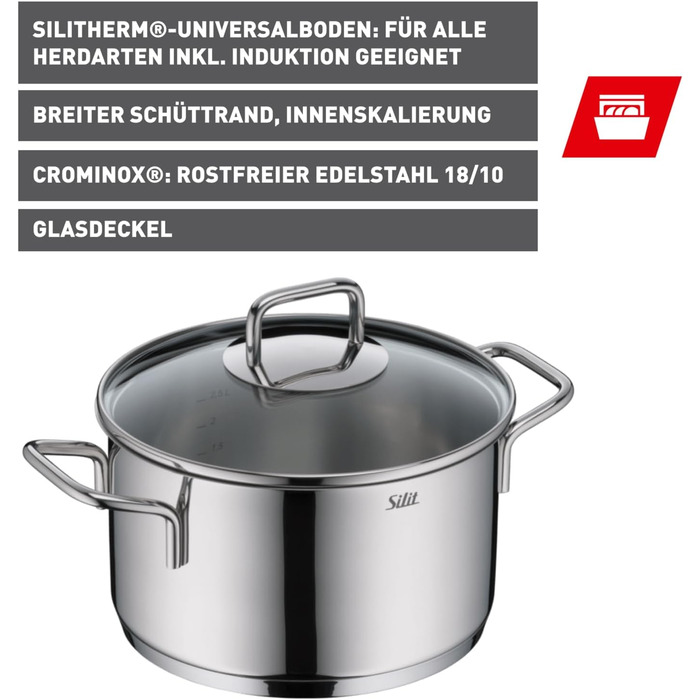 Набір кухонного посуду Silit Extra Cook: каструлі 16/20/24 см з кришками, ковшик 16 см, мірна шкала, широкий зливний край, придатний для миття в посудомийній машині, з нержавіючої сталі Crominox