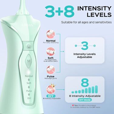 COSLUS Бездротова електрична зубна щітка-іригатор: 4 режими, 300 мл резервуар, для догляду за зубами та язиком, портативна, ідеальна для подорожей, зелений