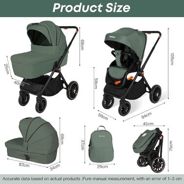 Дитяча коляска 2-в-1 BabyVoyage – комбінована коляска з люлькою та прогулянковим блоком, поворотні колеса 360°, амортизація, регульована ручка, складна конструкція, аксесуари, колір зелений