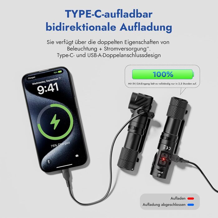 Тактичний ліхтарик WUBEN L1 LED: 2000 люмен, 6 режимів світла, водонепроникний IP68, акумуляторний, з кобурою, чорний (P9)