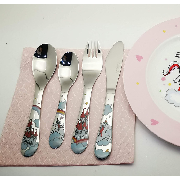 Набір столових приборів Exzact 6 шт. з нержавіючої сталі - дитячий посуд: тарілка, миска, ложка, виделка, ніж, столова ложка. Подарункова коробка (Wf712-4uni)