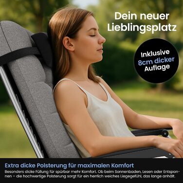 Лежак для відпочинку ELONEO: розкладний, з преміум-подушкою, стійкий до погодних умов, широка спинка, регульована, з подушкою для шиї та тримачем для напоїв (сірий)