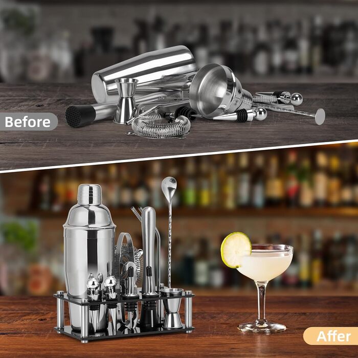 Набір для коктейлів Cinnani 750 мл зі стійкою, 15 предметів, нержавіюча сталь - професійний набір бармена для приготування коктейлів, подарунковий комплект