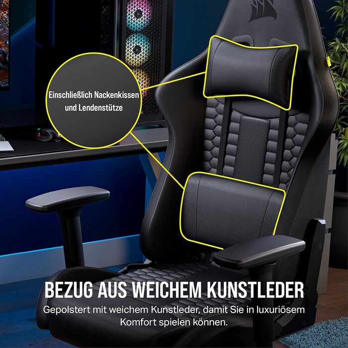 Ігрове крісло Corsair TC100 Relaxed, екошкіра, чорне, ергономічне, з подушками для попереку та шиї, регульовані підлокітники, дизайн у стилі автоспорту