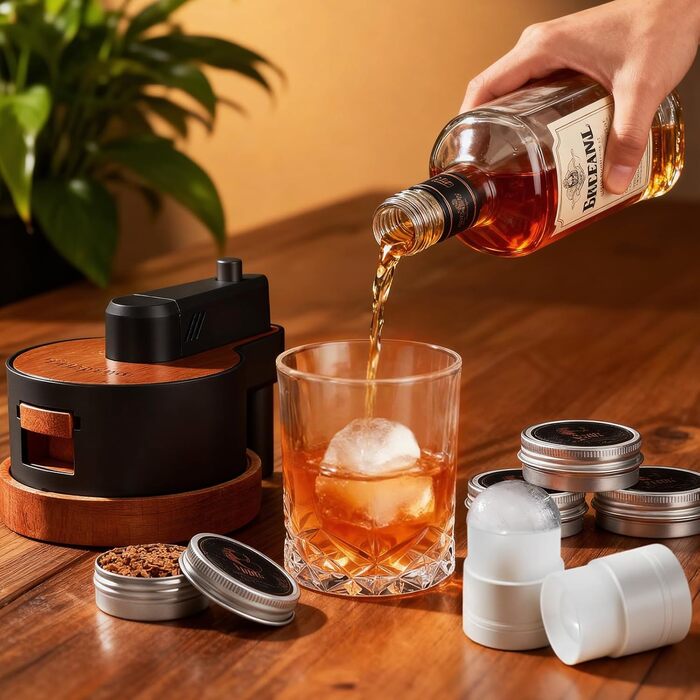 Набір для копчення віскі з інтегрованим запальничкою, 6 видів дерев'яної стружки, 2 склянки, 2 форми для льоду, набір для коктейлів, подарунок на Різдво та день народження для чоловіків, батька, чоловіка (БЕЗ бутану) (коричневий)